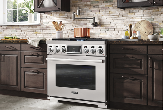 LG's kitchen appliances for the virtual KBIS 2021 displayed in a beautiful home kitchen.