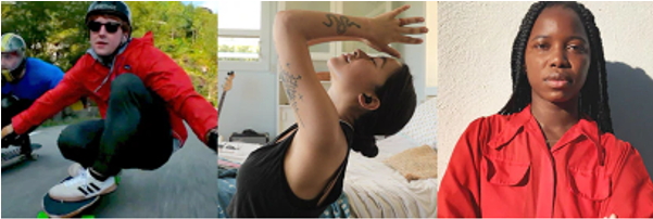 Three pictures taken from LG's "Life's Good" film series which includes a man riding his longboard, a woman doing yoga and another woman standing defiantly with her arms crossed.