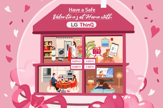 An illustration of a home showing how to spend Valentine's Day with LG's various products.