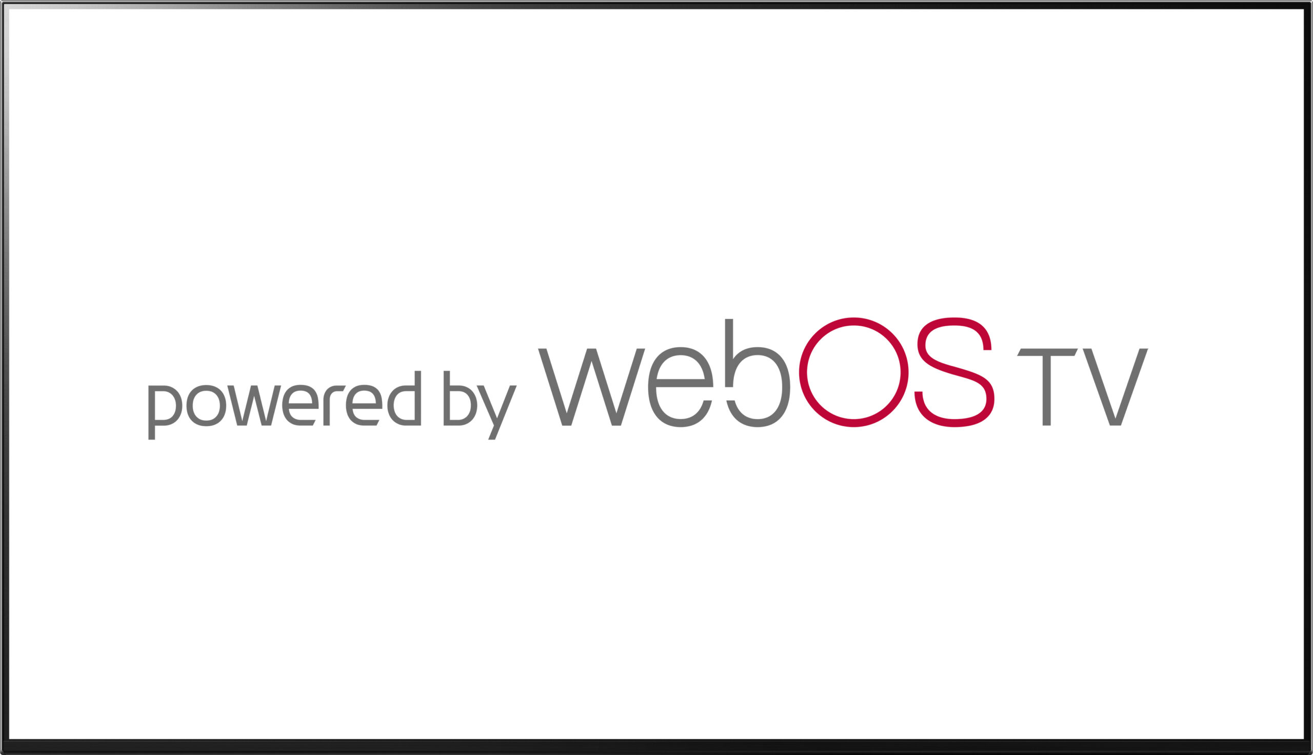 A TV display showing 'the powered by webOS TV' logo on its white screen