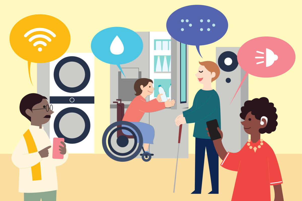 An illustration of people with different disabilities conveniently using appliances through LG's innovative technology.