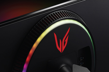 Rear view of LG UltraGear Monitor with its eye-catching logo that resembles the wings of Greek goddess Nike.